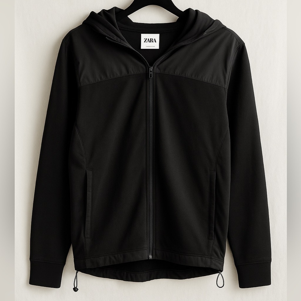 ZARA Black Mixed-Media Zip Hoodie – Size S